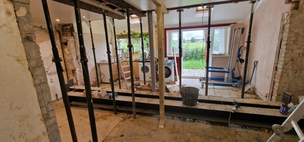 House extension structural alterations with steel RSJ beams and props